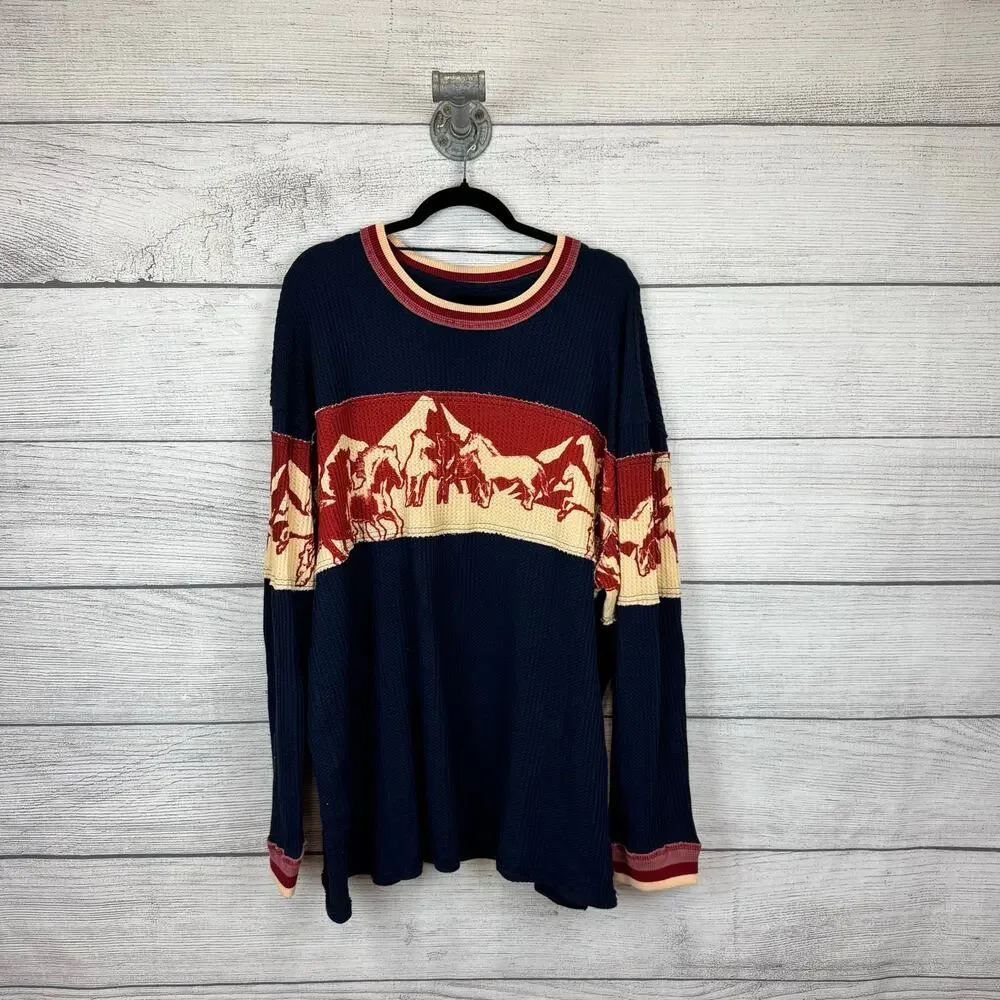Free People We The Free Navy & Red Horse Waffle Knit Long Sleeve Top Size XL